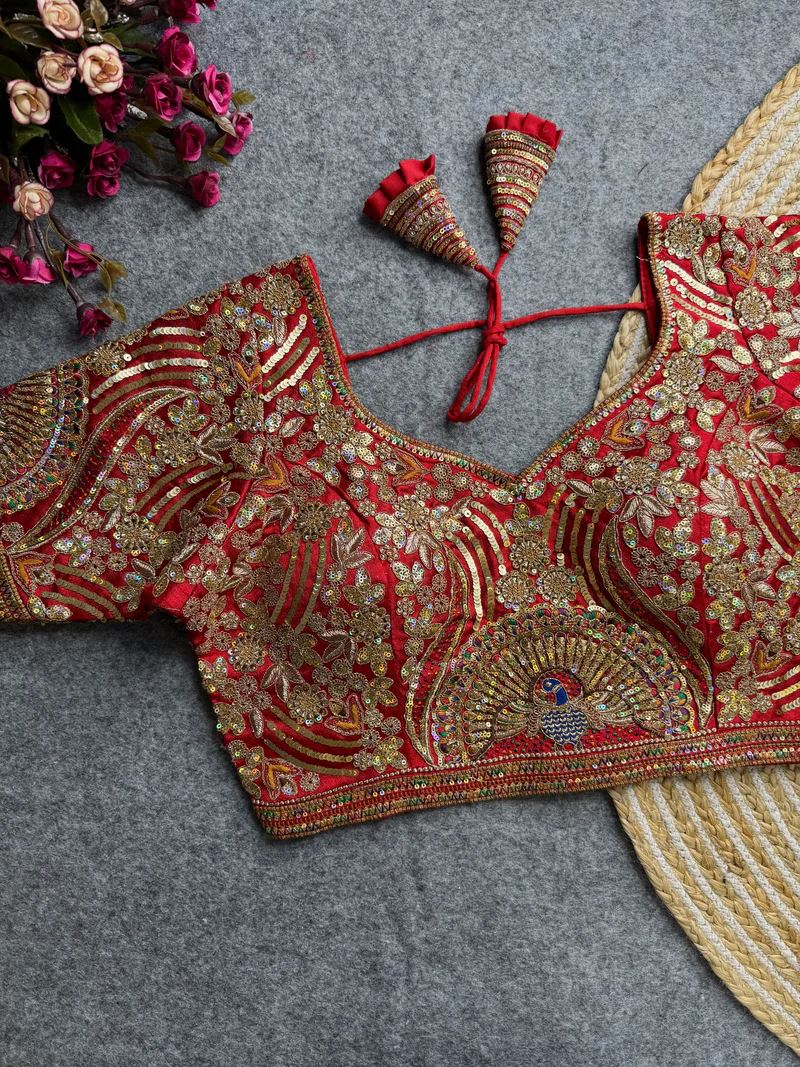 Red Enchanted Feathers Coding Sequin Bridal Blouse