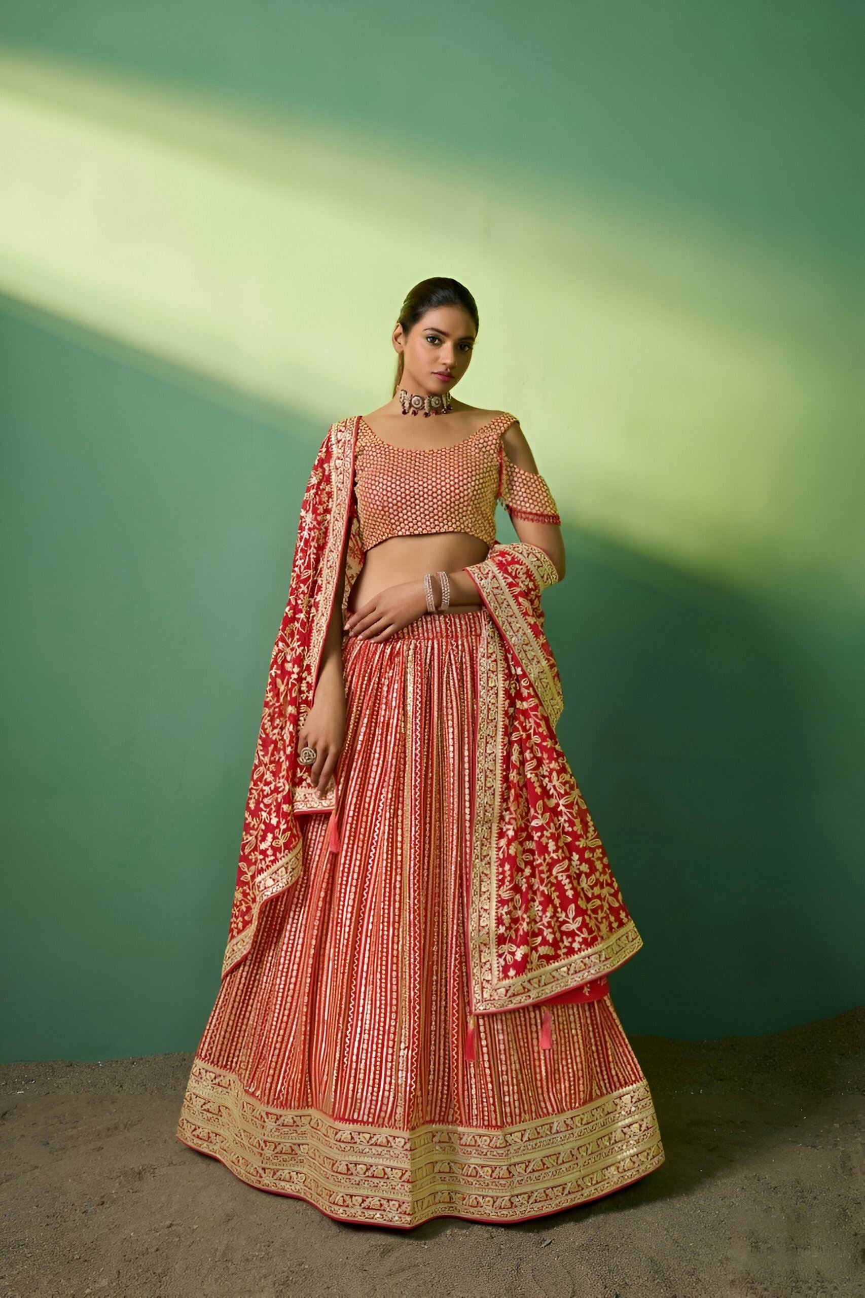 Red Lehenga Choli with Heavy Embroidery, Sequence work