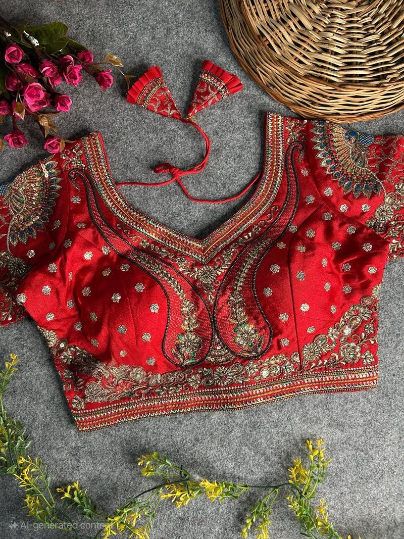 Red Peacock Embroidery Work Blouse Heavy Work on Back Sleeves