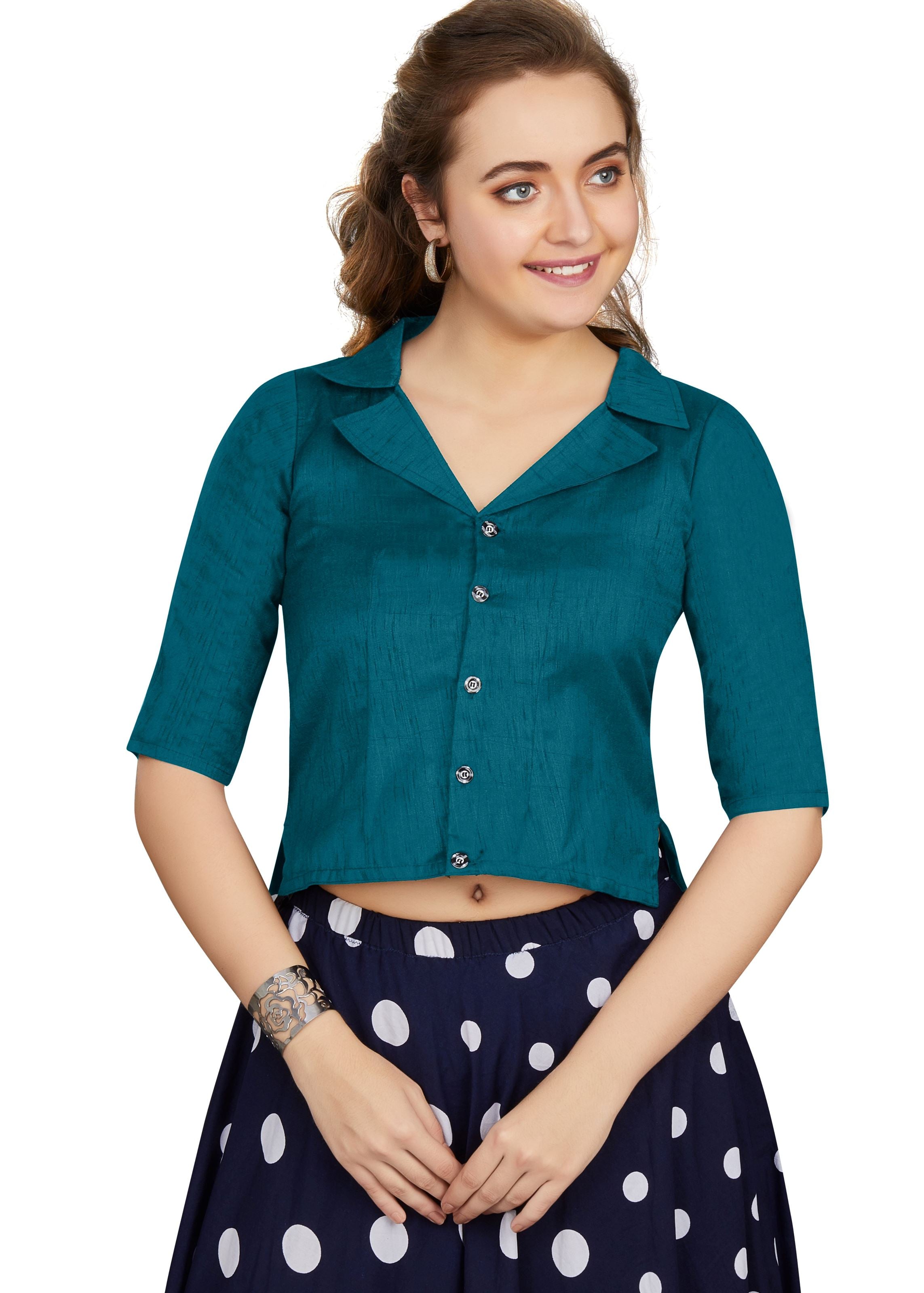 Teal Art Silk Collar Neck Plain Blouse