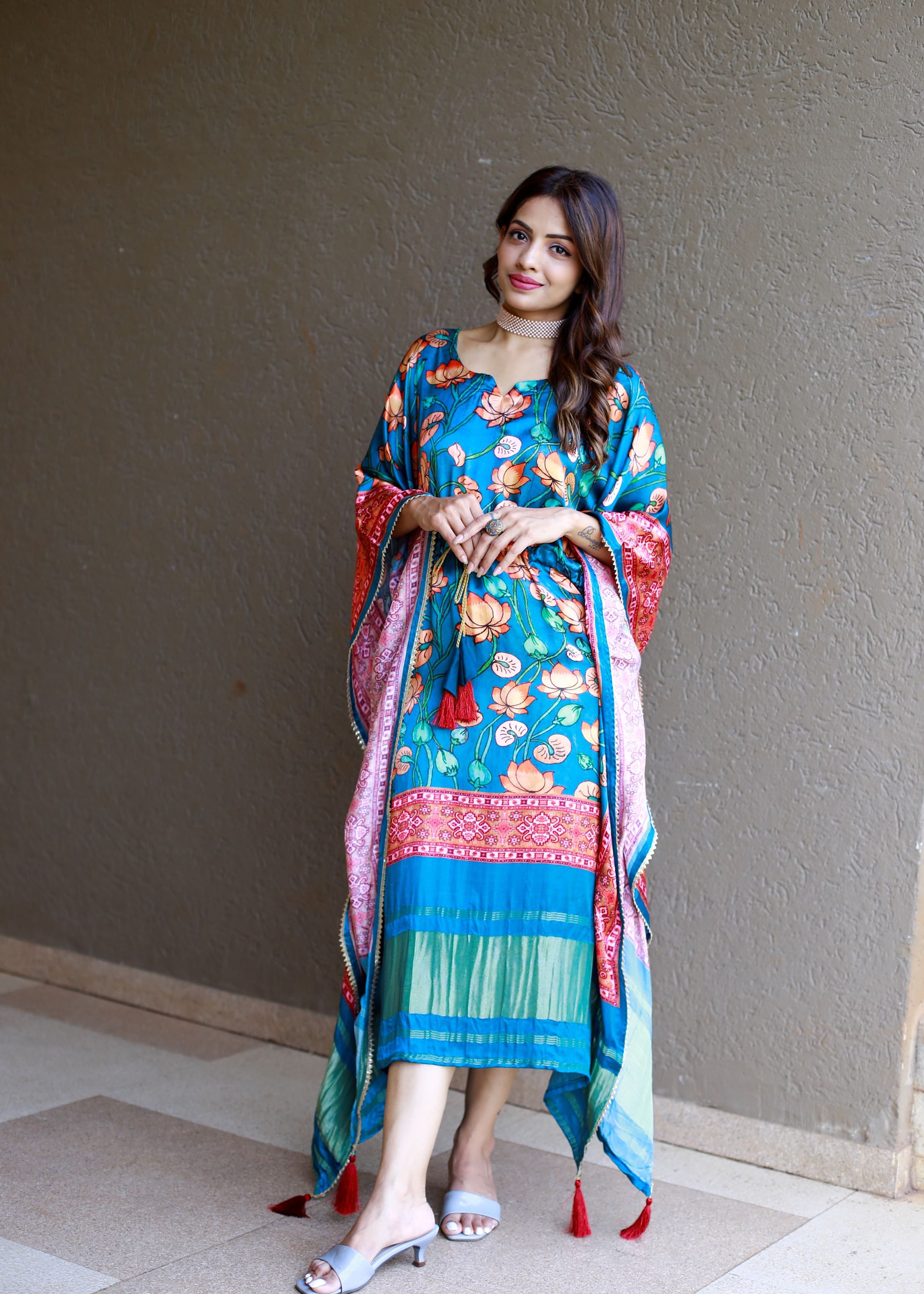 Teal Color Pure Gaji Silk Kaftan with Gotta Patti Tassels