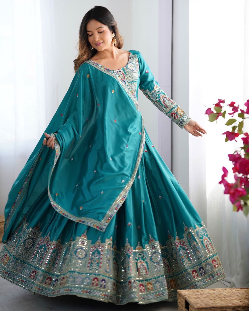 Tealblue Lehenga Choli With Coding Dori With Thread Sequnce Work