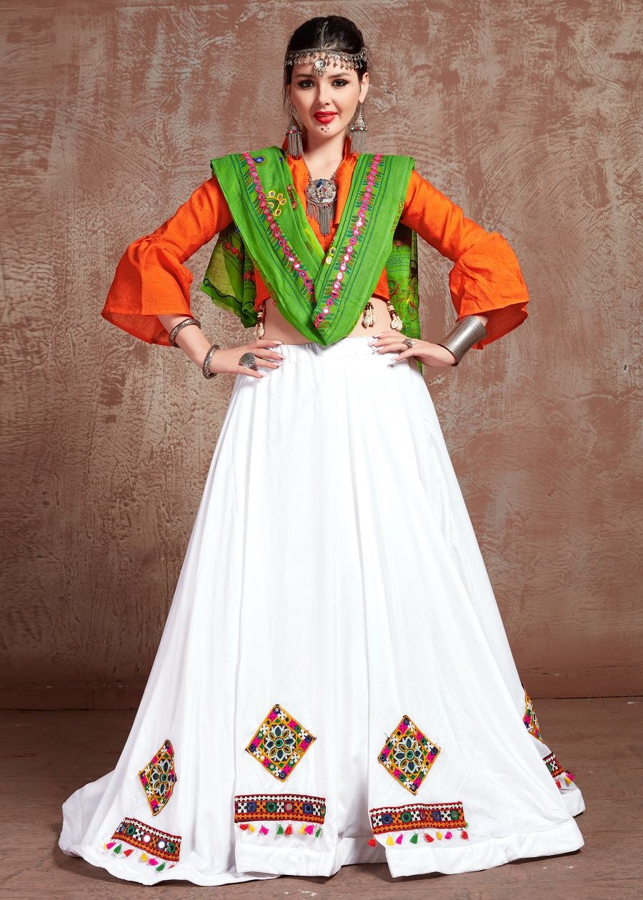 White And Orange Navratri Chaniya Choli With Gamthi Work Butta And Tassels Lace
