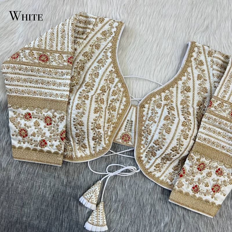 White Beautiful Long Sleeves Backless Bridal Blouse With Embroidery Sequins Work