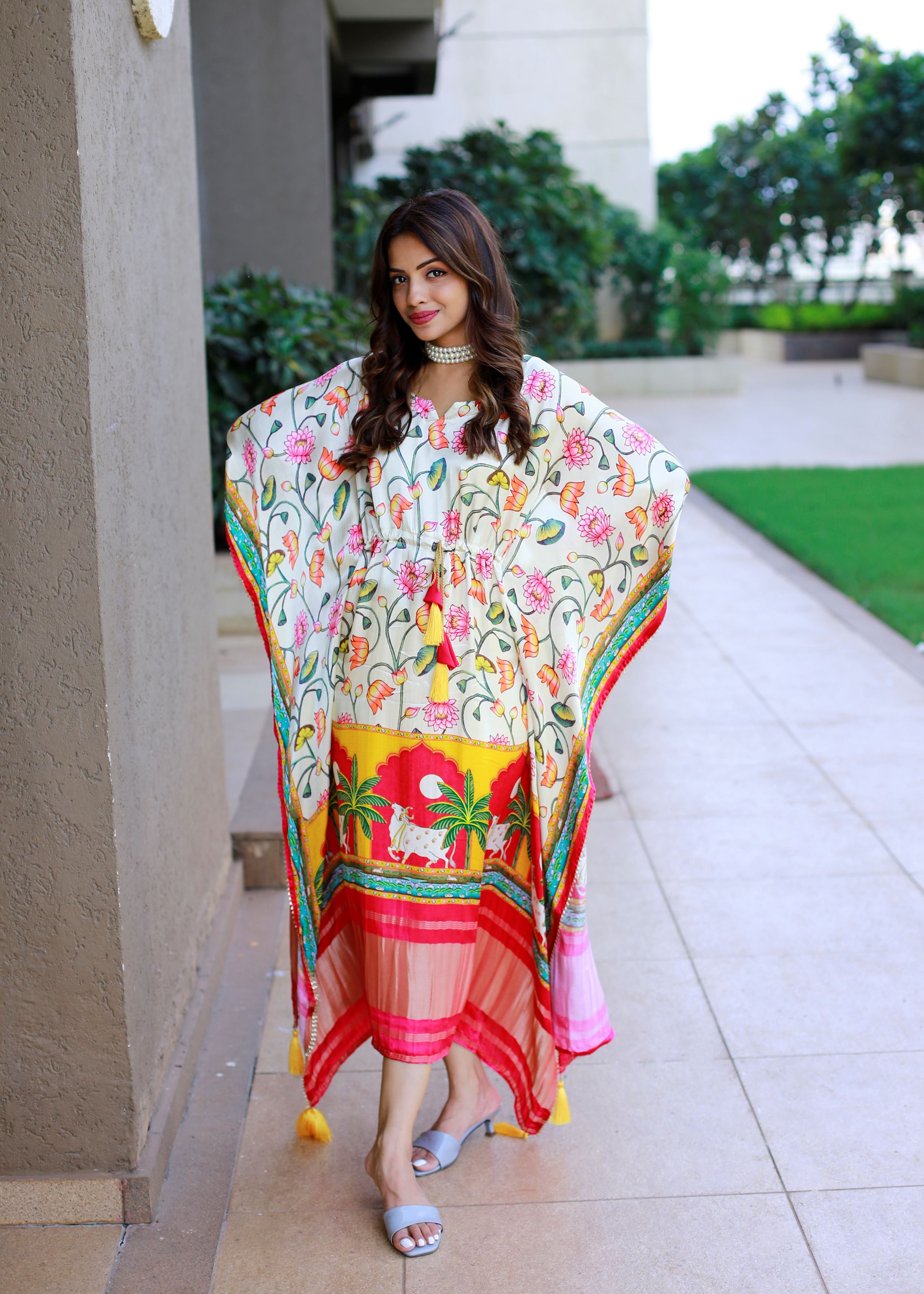 White Color Pure Gaji Silk Kaftan with Gotta Patti Tassels