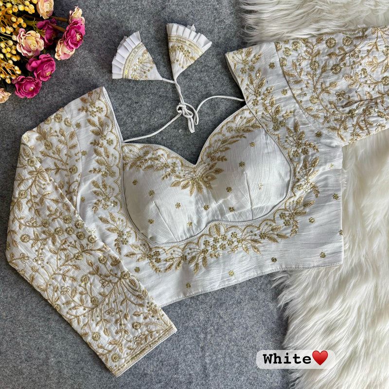 White Embroidered Blouse with Puff Sleeves & Zari Work