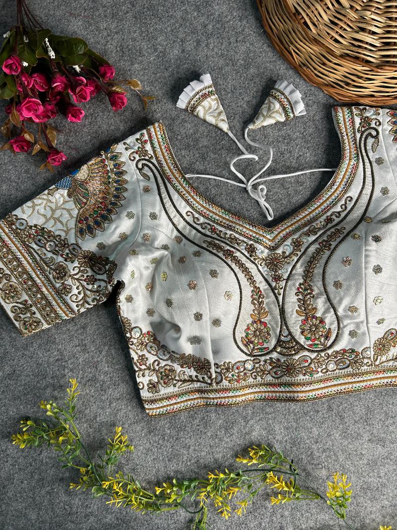White Peacock Embroidery Work Blouse Heavy Work on Back Sleeves