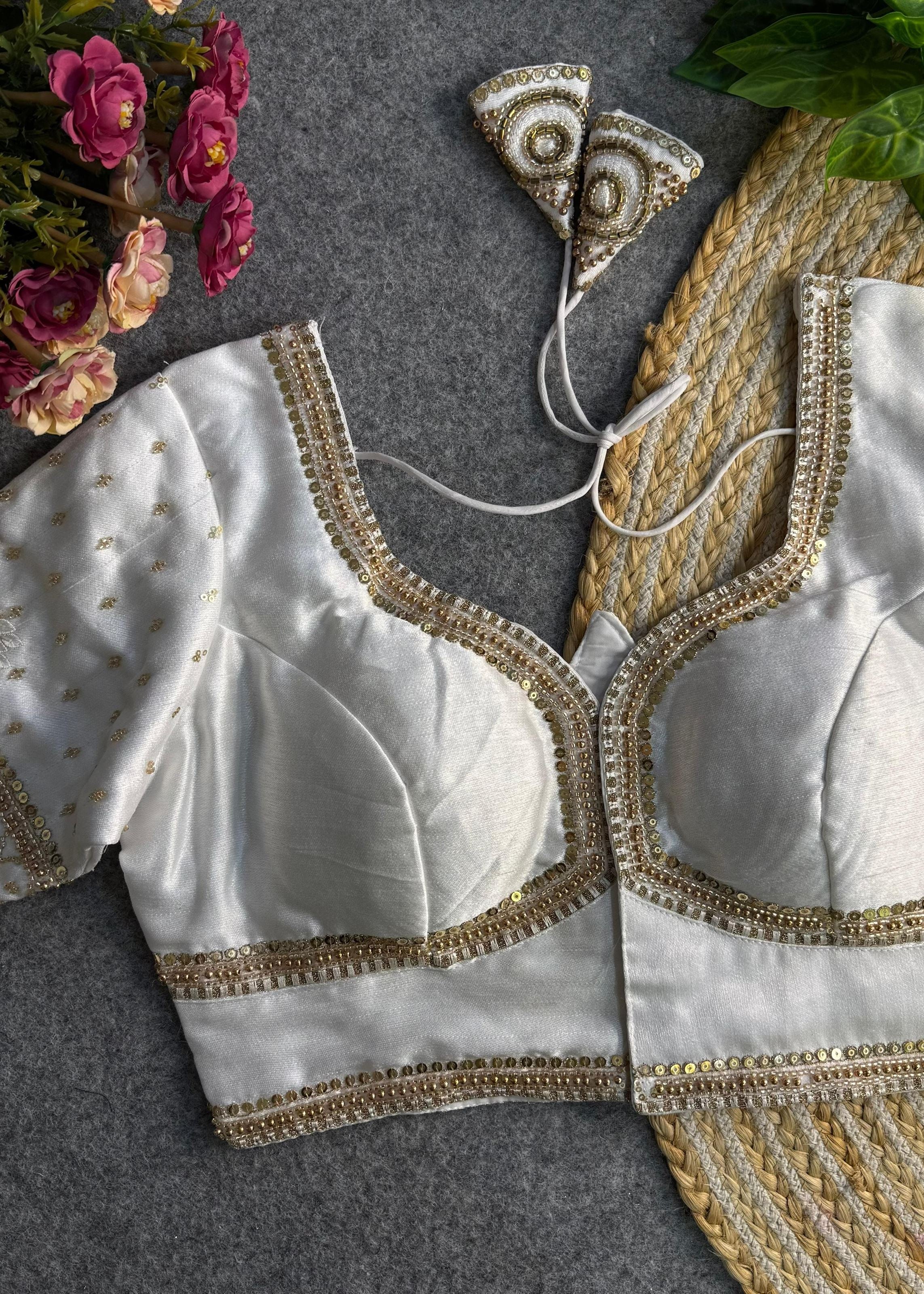White Sabyasachi-Inspired Heavy Bridal Blouse with Exquisite Lotus Beads & Embroidery