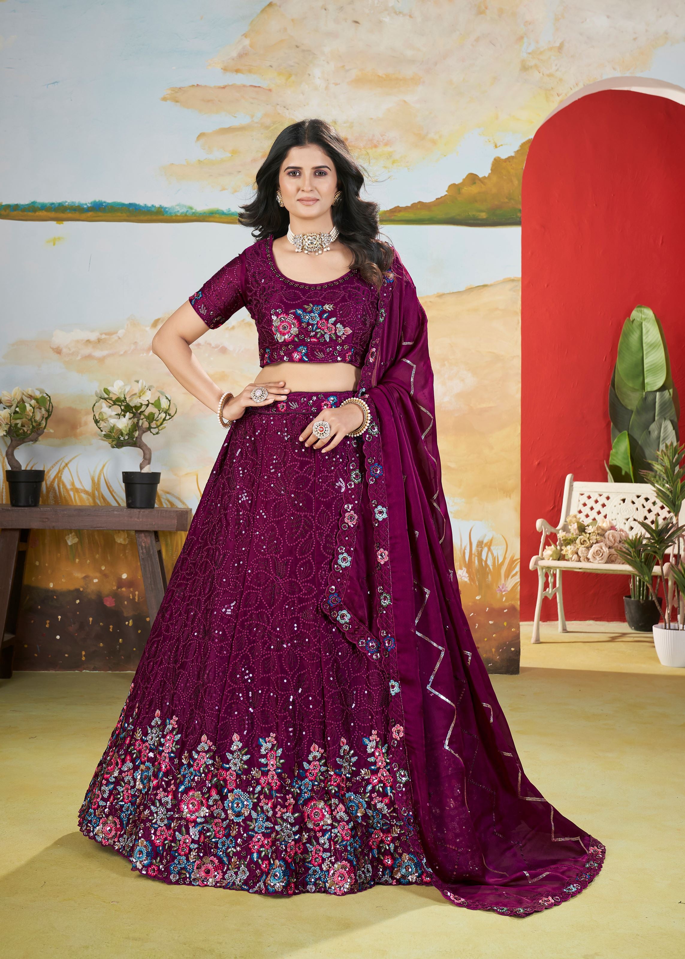 Wine Chinnon Lehenga with Floral Pattern Sequin Work