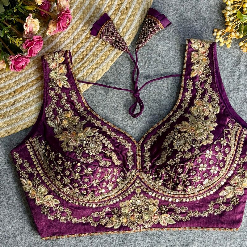 Wine Elegant Bridal Sabyasachi Blouse with Heavy Work -12"Sleeves Attached