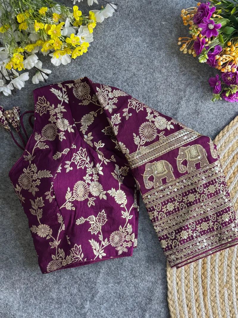 Wine Elegant Silk Blouse with Intricate Elephant Design