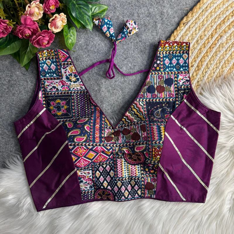 Wine Ethnic Print Garba Blouse with Bold Contrast Look