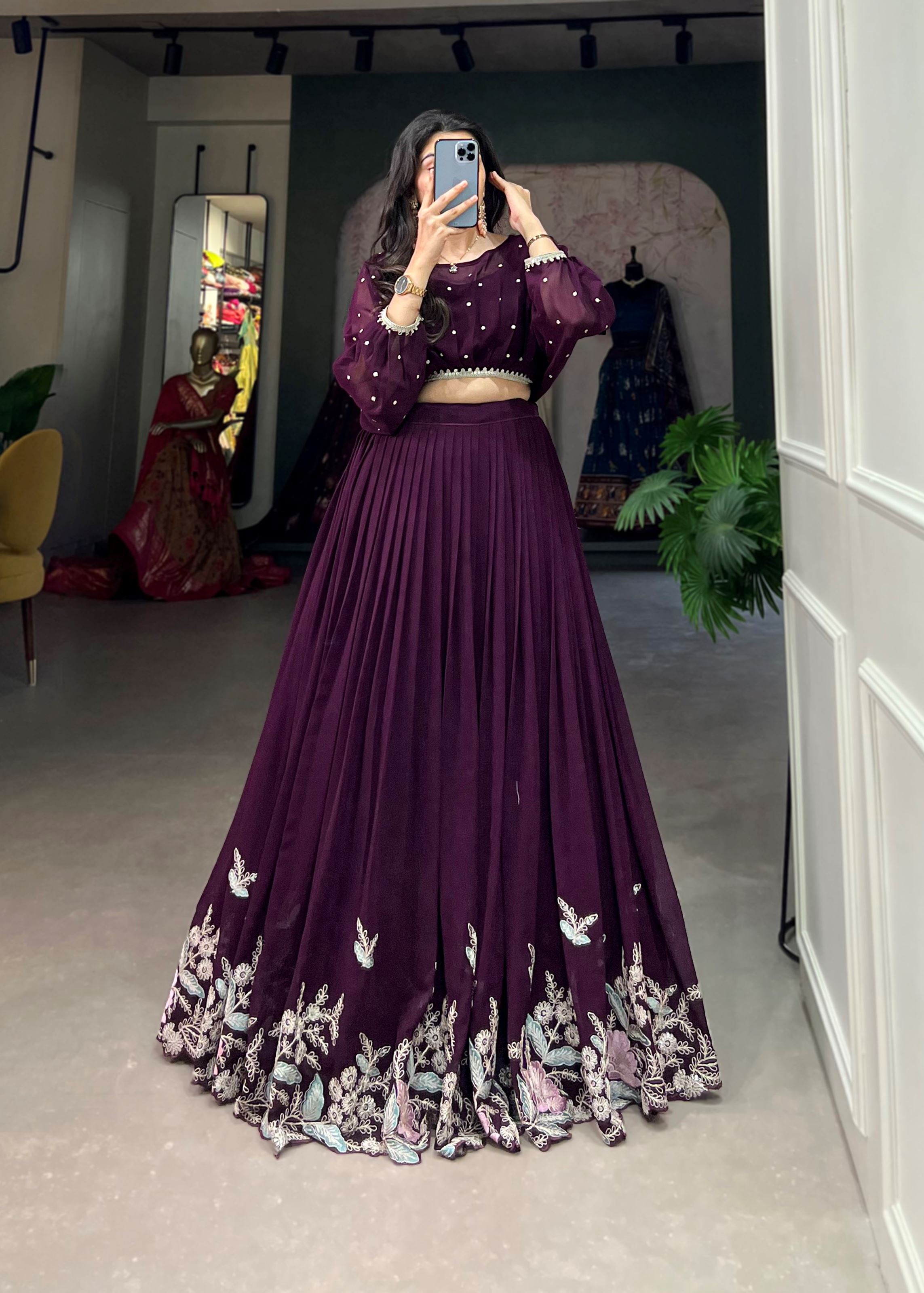 Wine Georgette Lehenga with Sequin and Thread Detailing Light Elegant