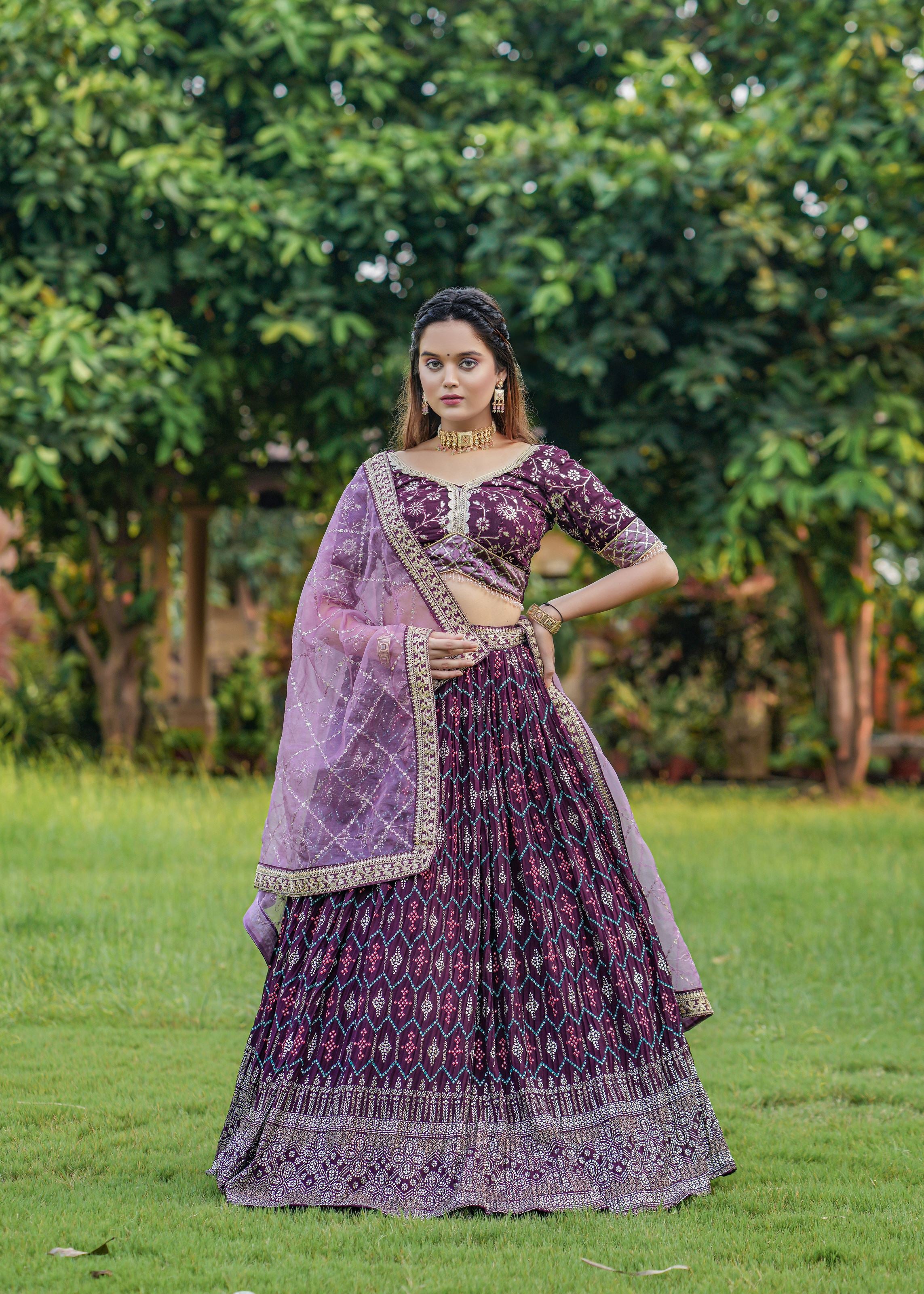 Wine Lehenga Choli With Heavy Foil Print Embroidery Work Belt