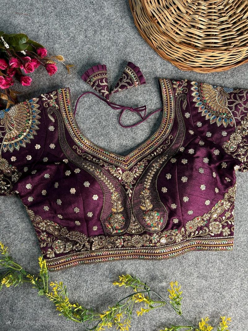 Wine Peacock Embroidery Work Blouse – Heavy Work on Back & Sleeves
