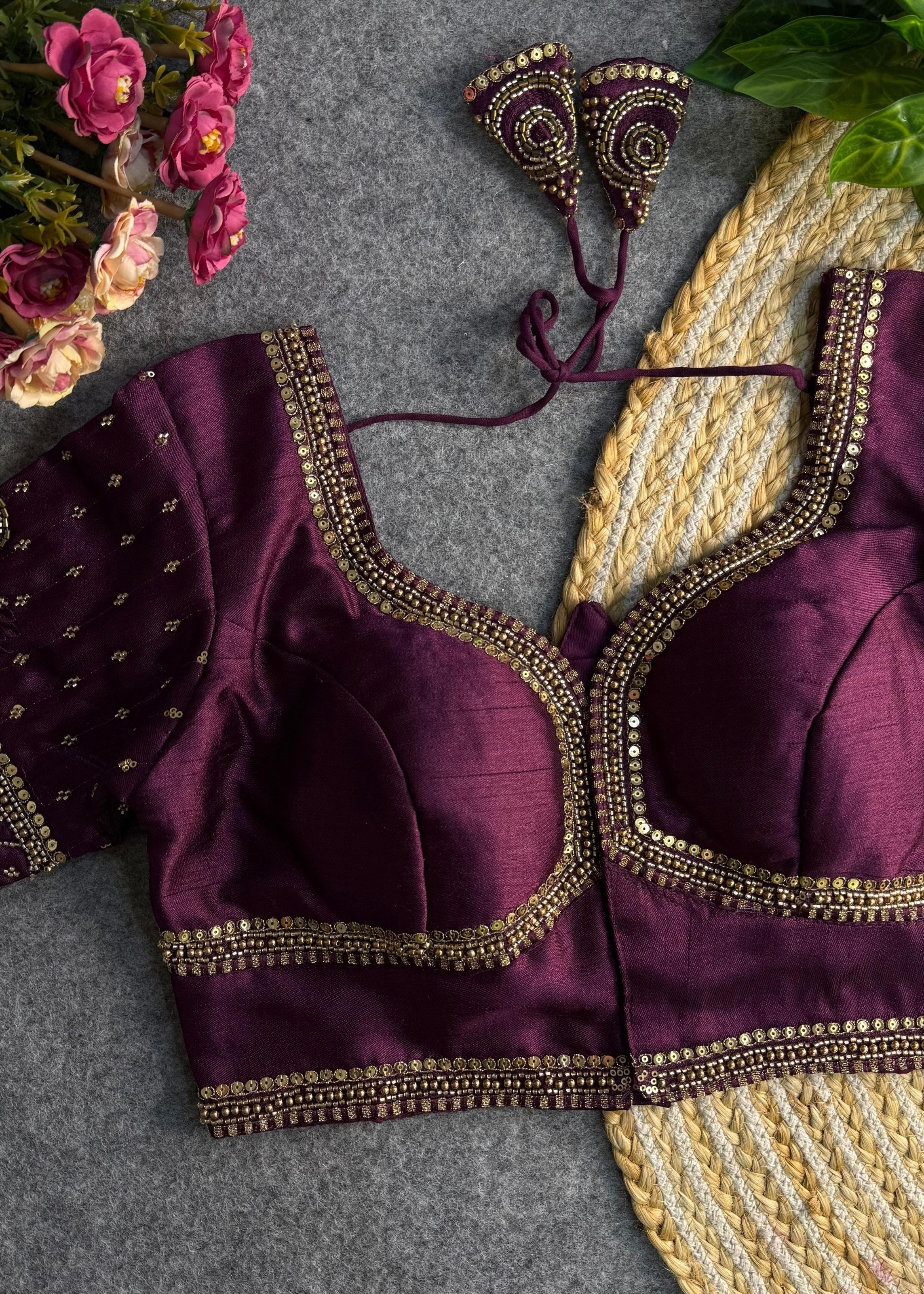 Wine Sabyasachi-Inspired Heavy Bridal Blouse with Exquisite Lotus Beads Embroidery
