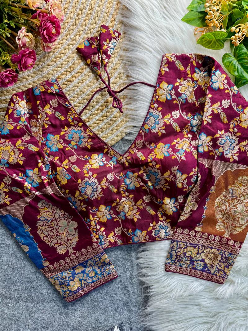 Wine Soft Dola Silk Blouse with Woven Motifs & Full Sleeves