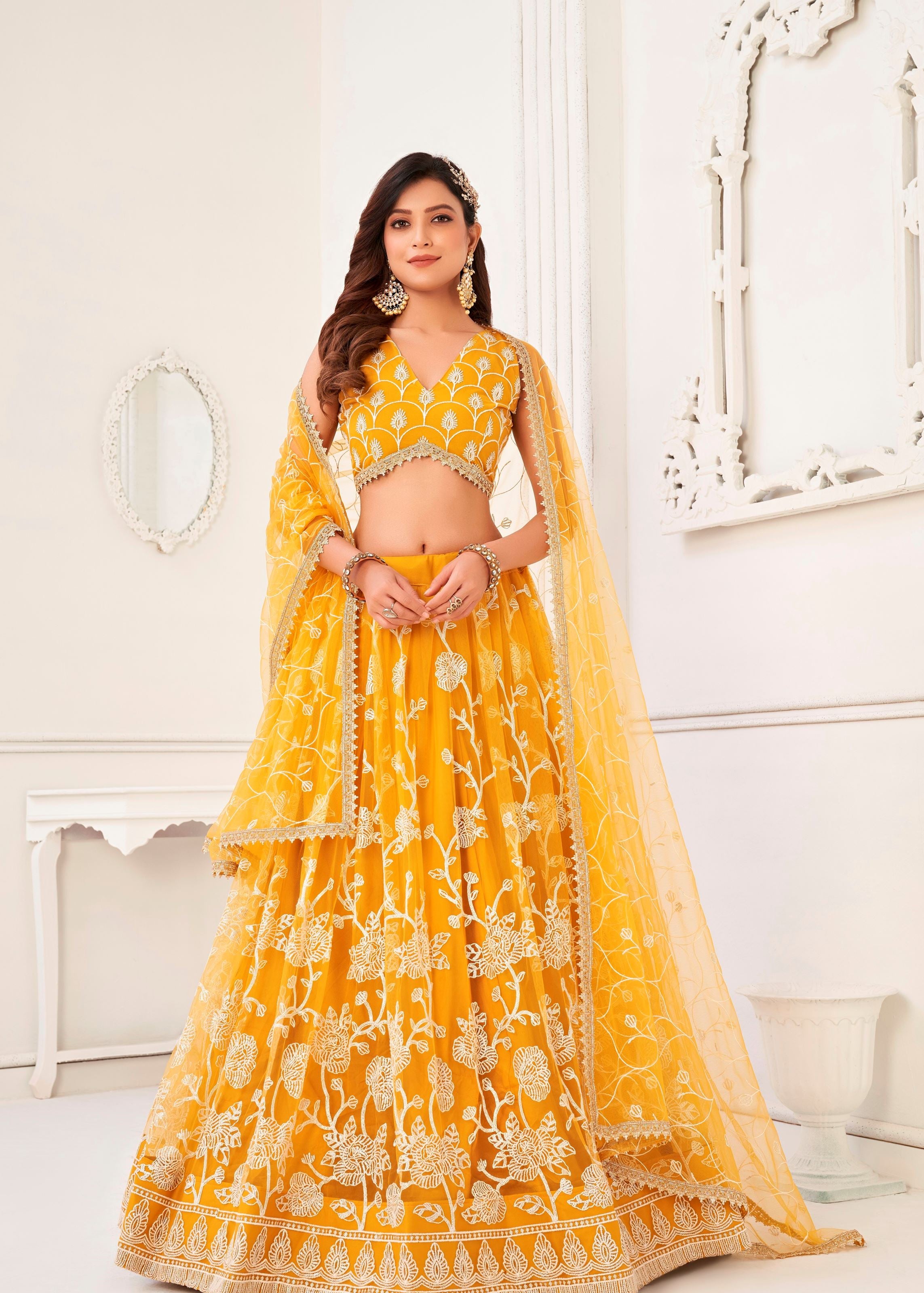 Yellow Butterfly Net Lehenga Choli With Embroidery And Sequins Work