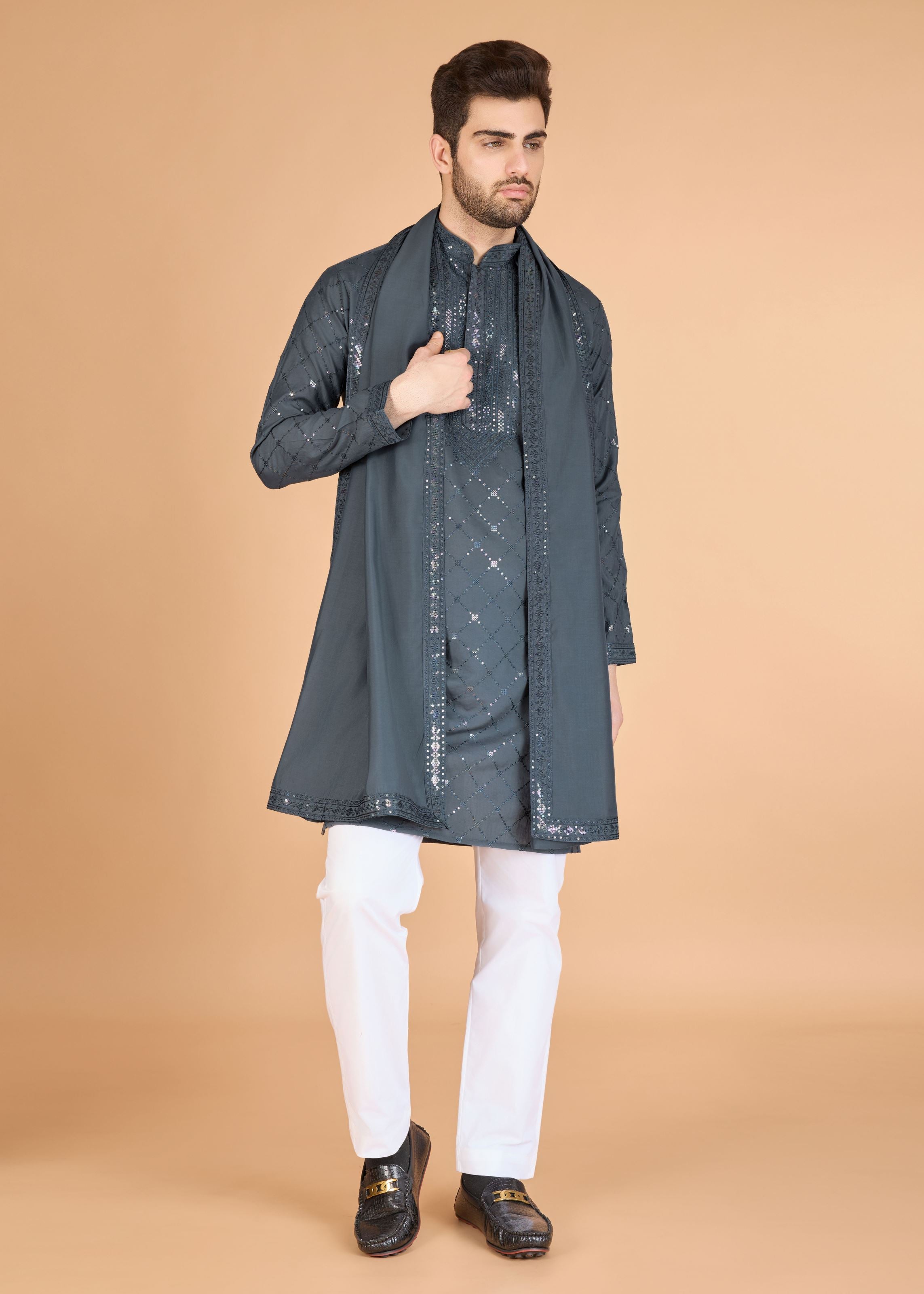 Off White Ethnic Ceremonial Kurta with Jacket