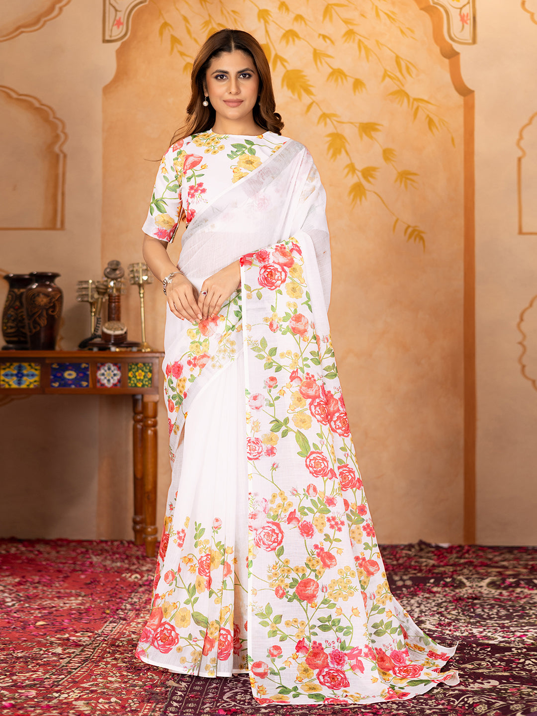 White Linen Premium Printed Saree For Women