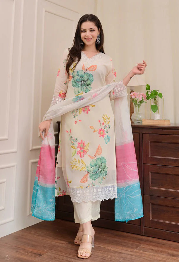 Cream Kurta Pant Set With Print With Thread Embroidery Work