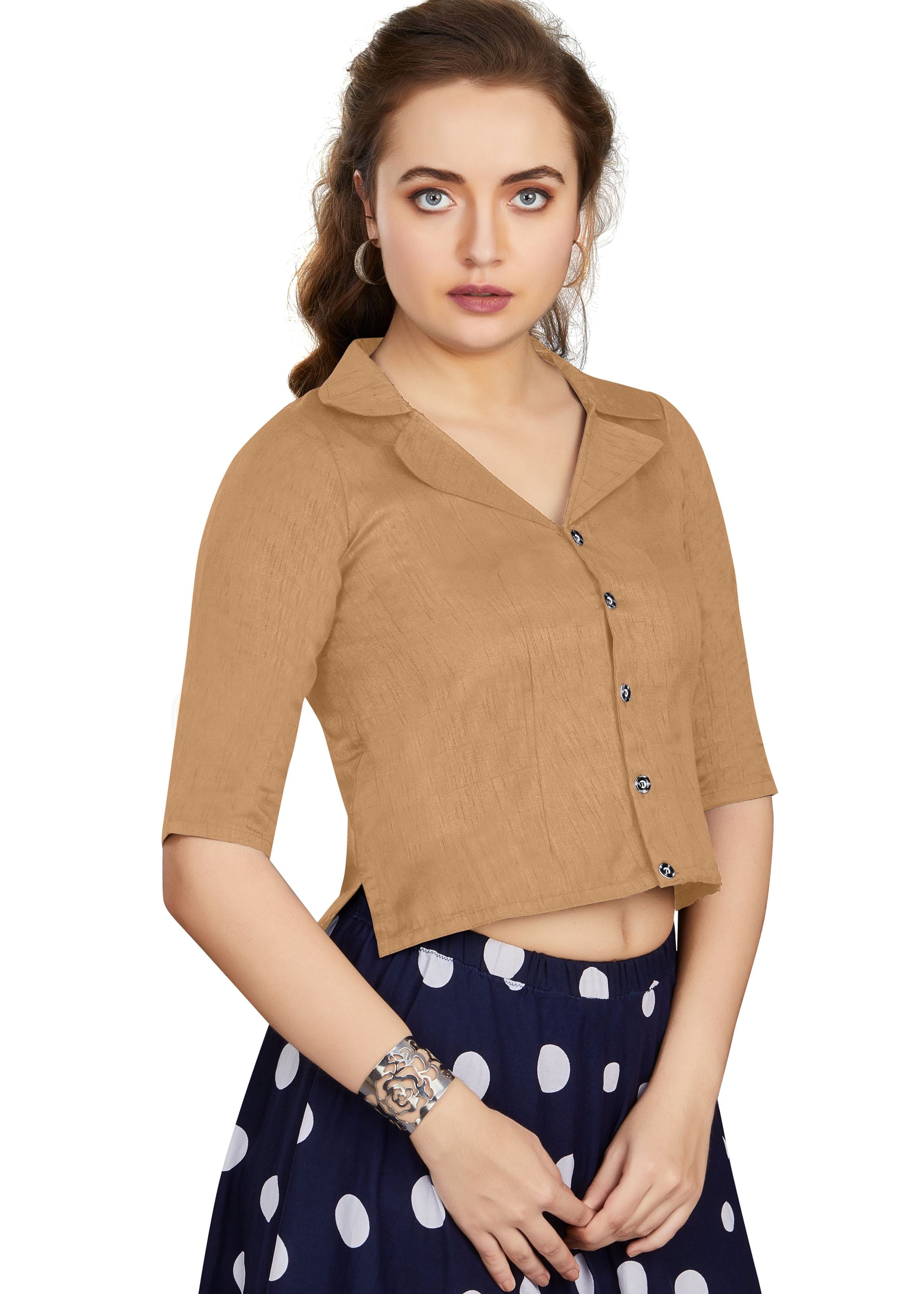 Beige Art Silk Collar Neck Plain Blouse