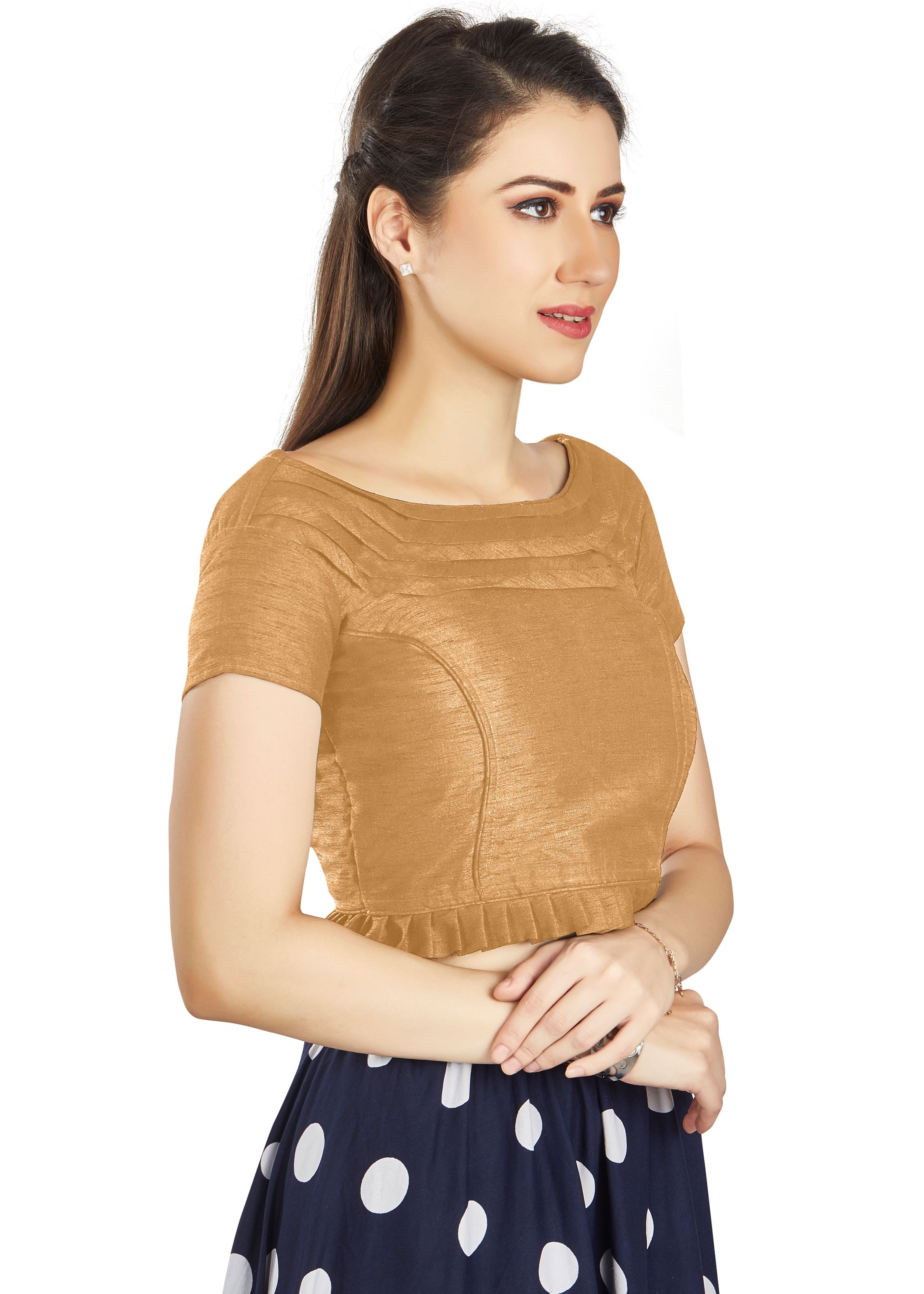 Beige Art Silk Pleated Boat Neck Blouse With Princece Blouse