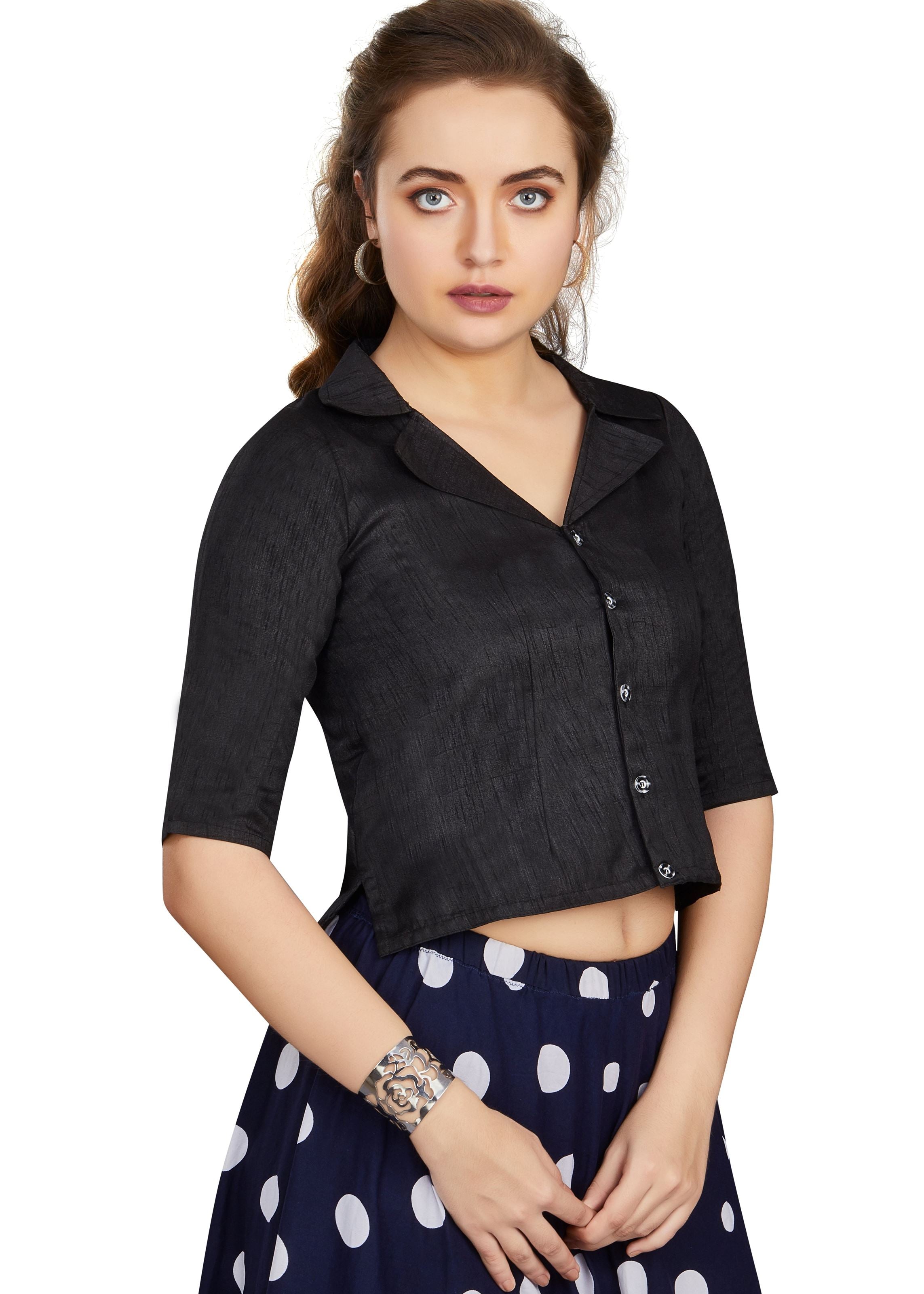 Black Art Silk Collar Neck Plain Blouse