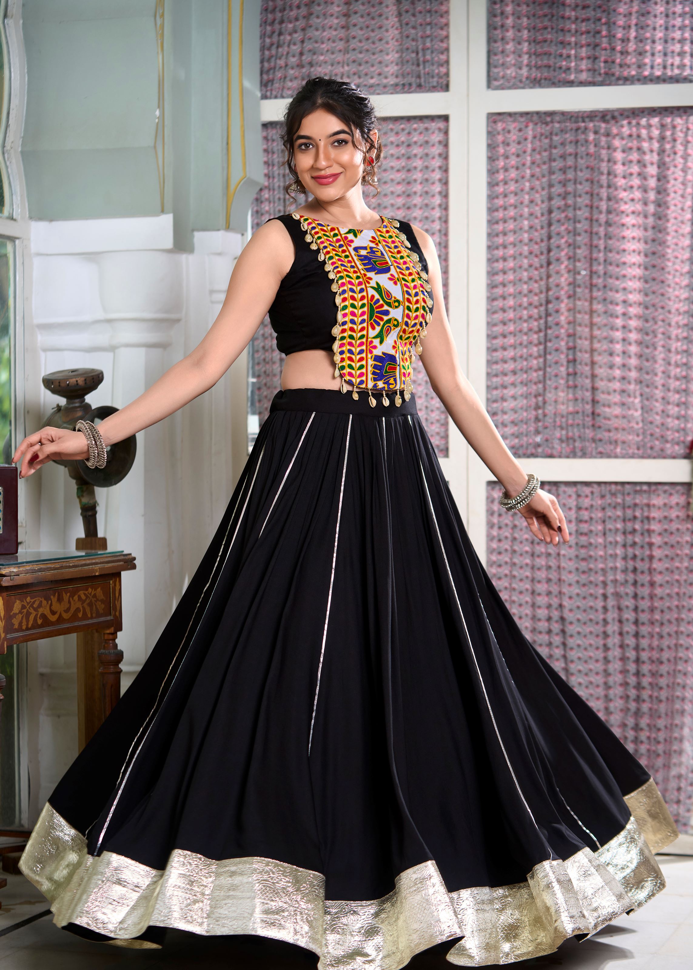 Black Classic Rayon Lehenga Choli with Lace Border Gota Patti