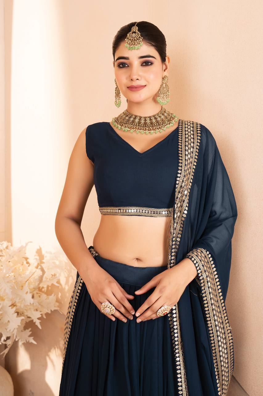 Blue Lehenga Choli With Sequins Embroidered Work