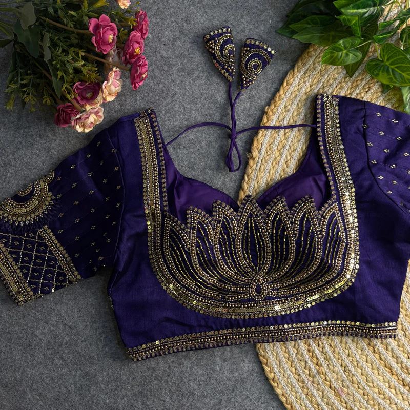 Blue Sabyasachi-Inspired Heavy Bridal Blouse with Exquisite Lotus Beads Embroidery