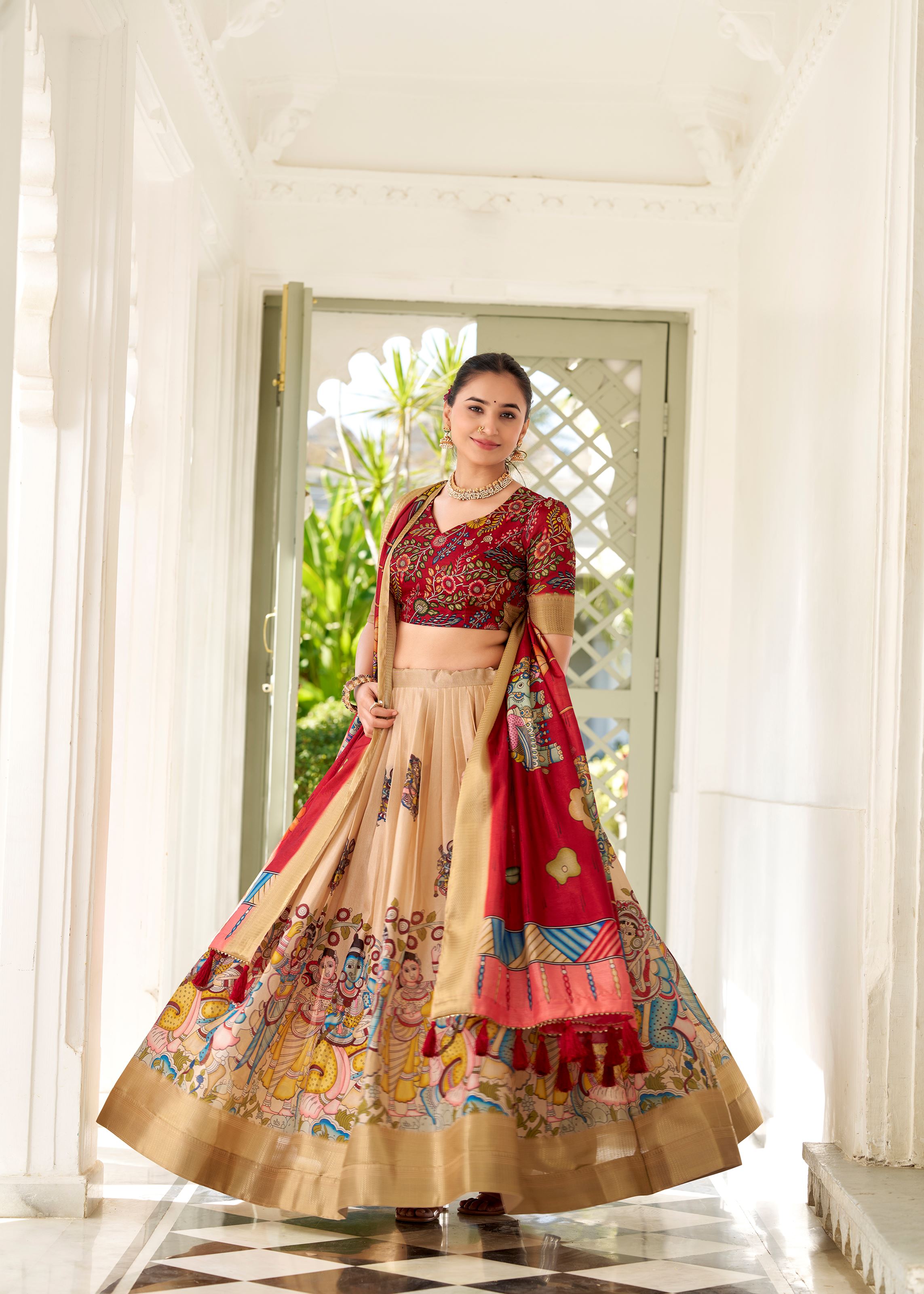 Cream Floral Printed Georgette Lehenga with Lace Border