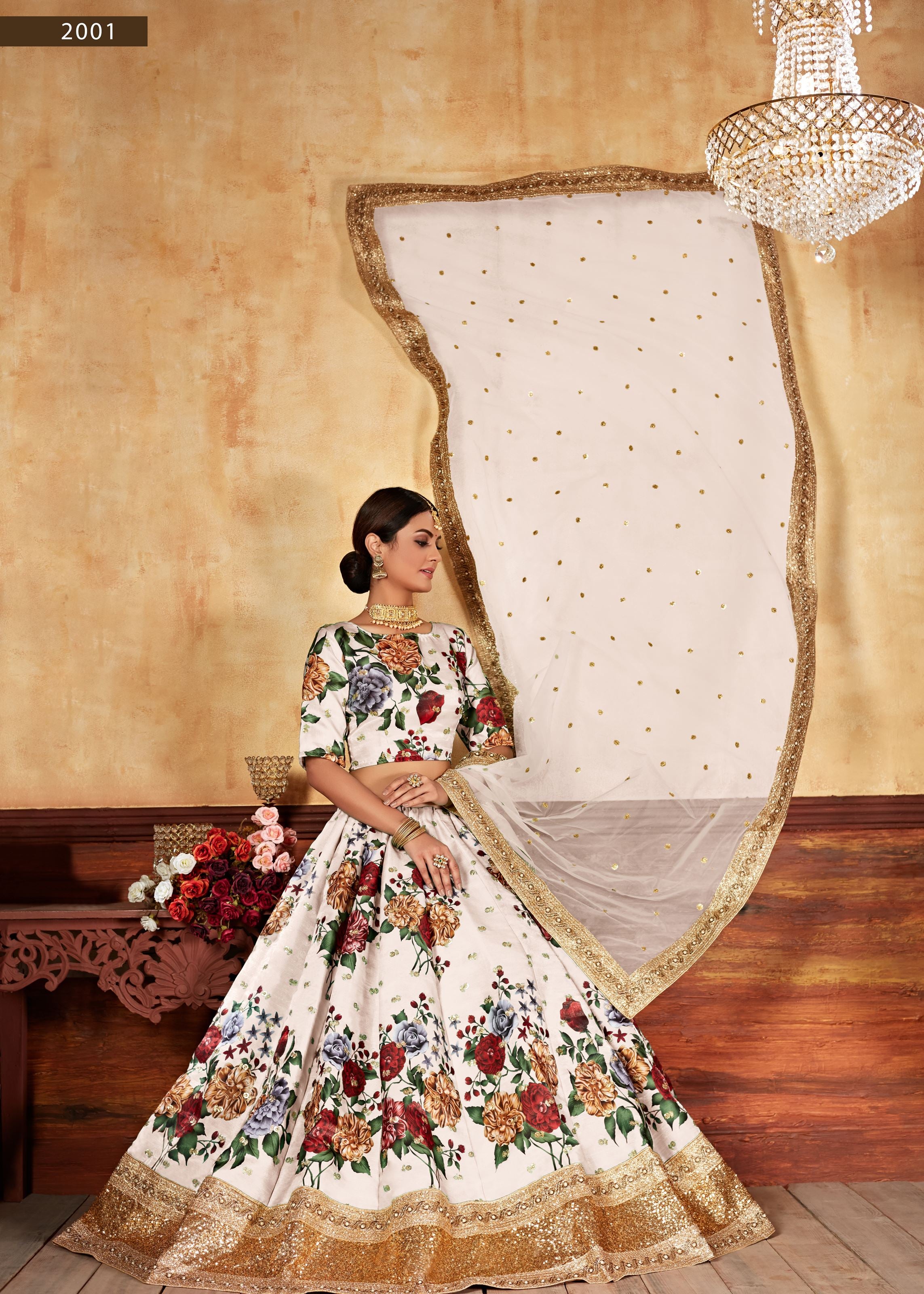 Cream Lehenga Choli With Digital Print And Dori With Jari Sequins Butti,Embroidered Border And Pearl Work