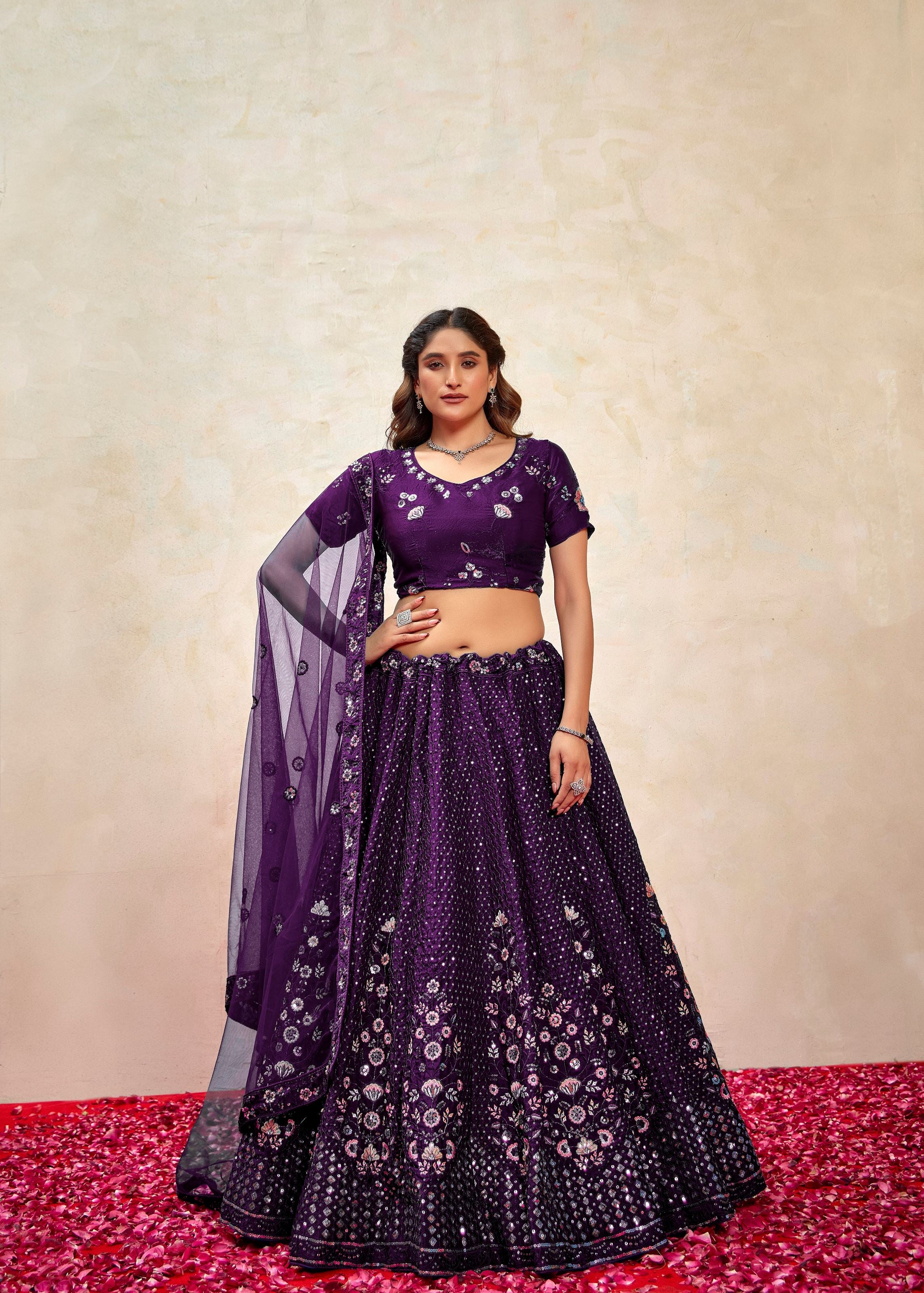 Deep Violet Silk Lehenga with Allover Sequin Embroidery