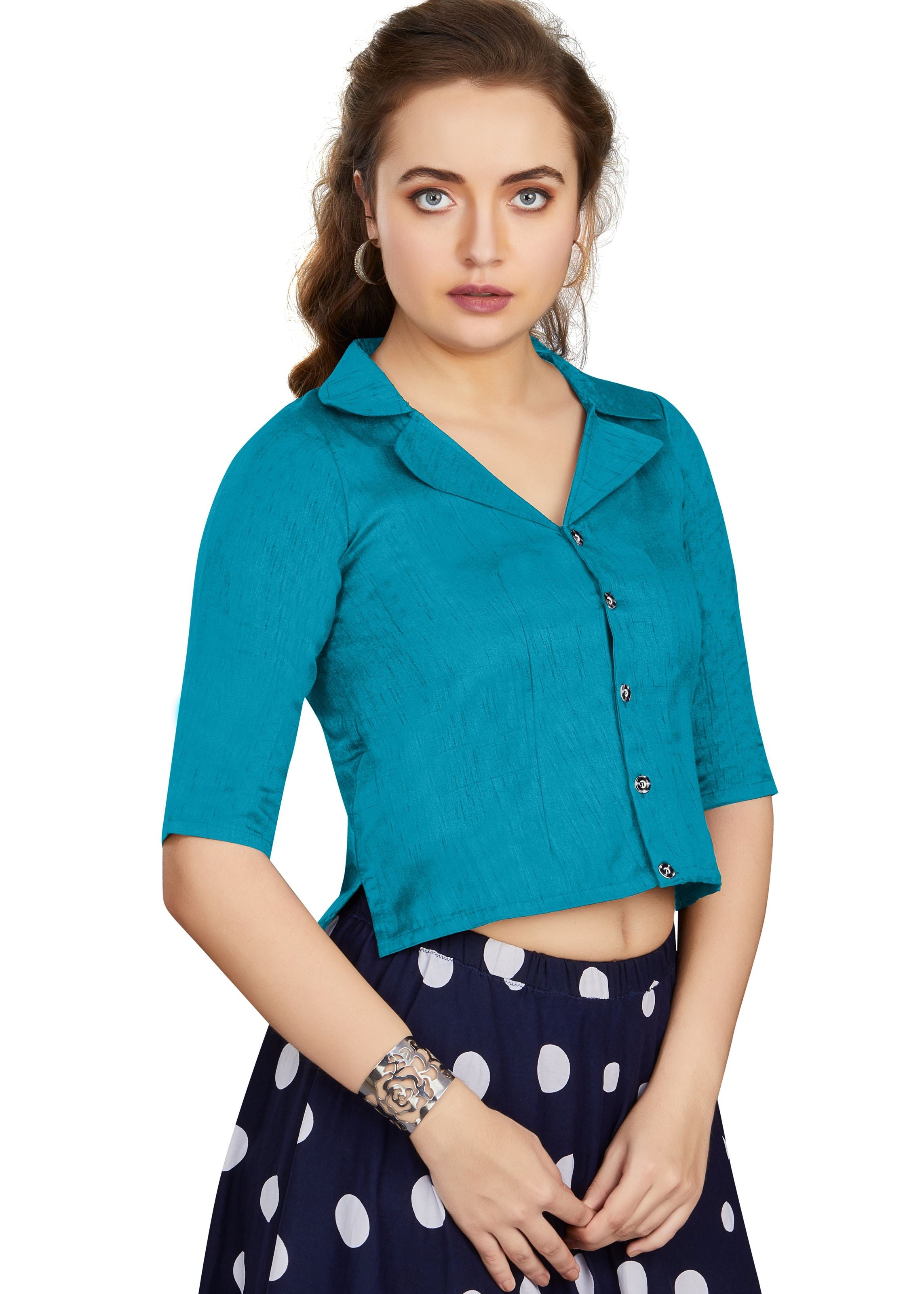 Firozi Art Silk Collar Neck Plain Blouse