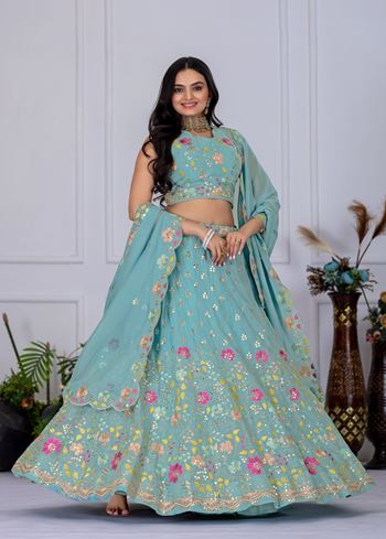 Firozi Lehenga Choli With Embroidery With Multi Thread Sequence Work