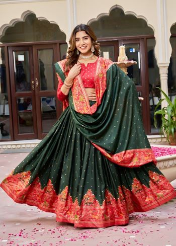 Green Lehenga Choli With Bandhej And Ajrakh Print