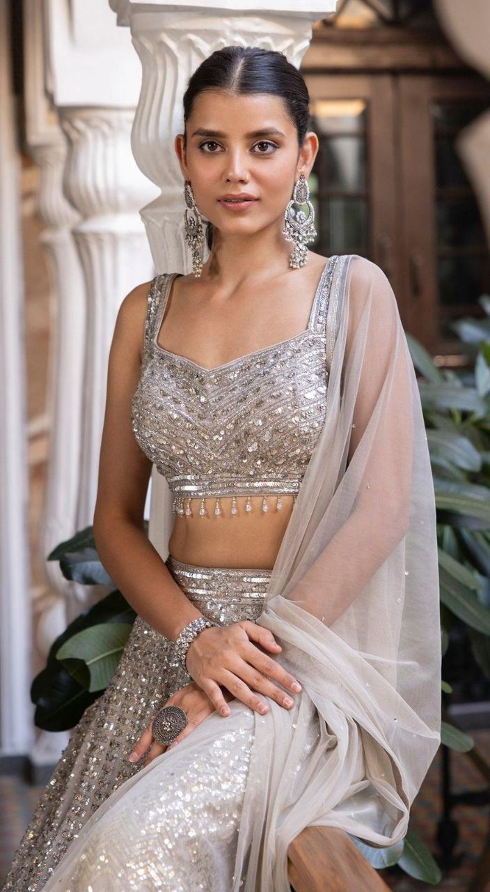Grey Silk Blend Lehenga with Zari Heavy Sequin Embroidery