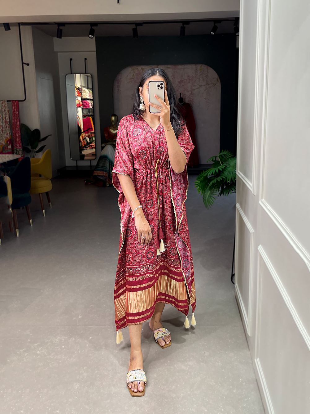 Maroon Color Pure Gaji Silk Kaftan with Gotta Patti Tassels