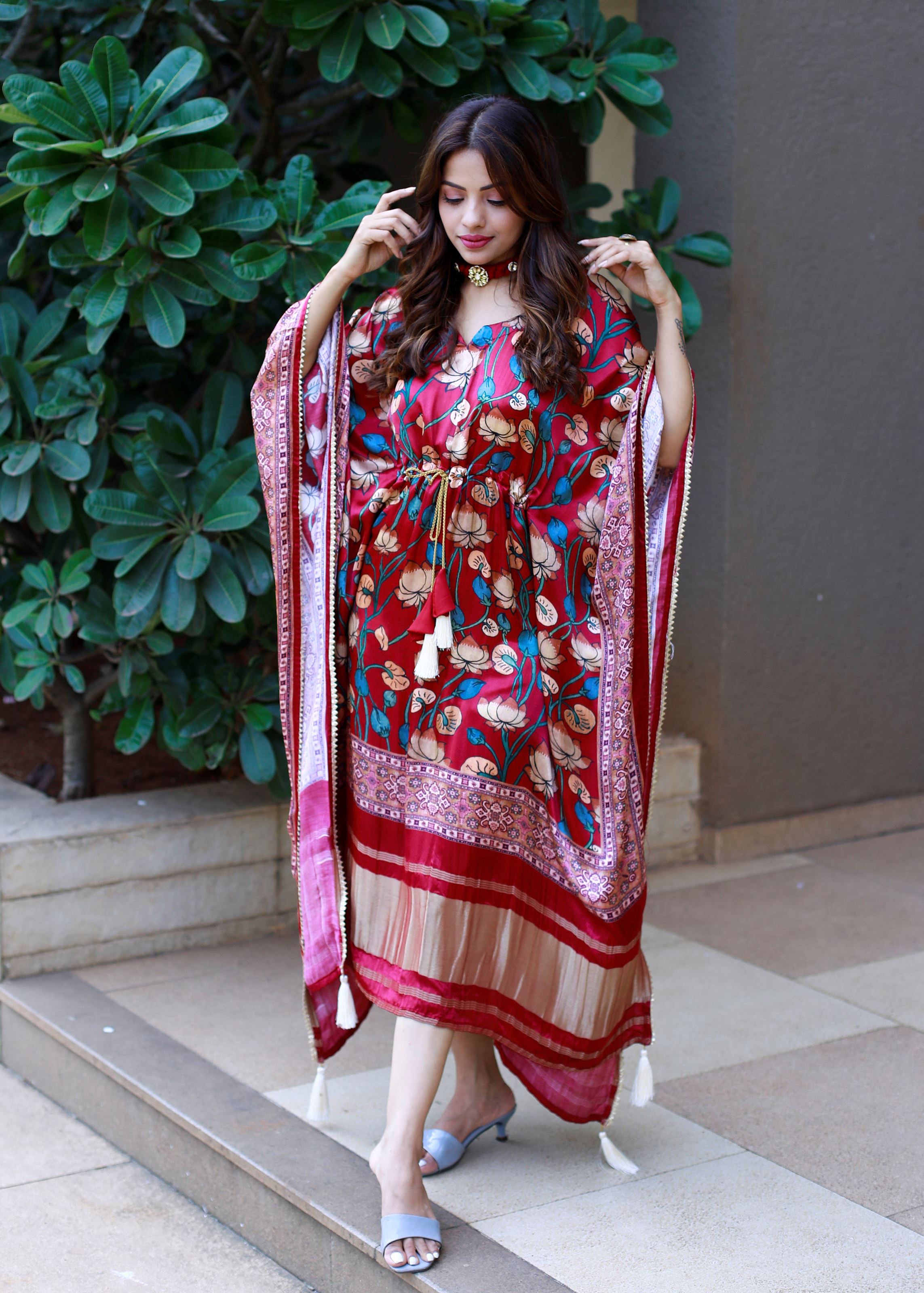 Maroon Color Pure Gaji Silk Kaftan with Gotta Patti Tassels