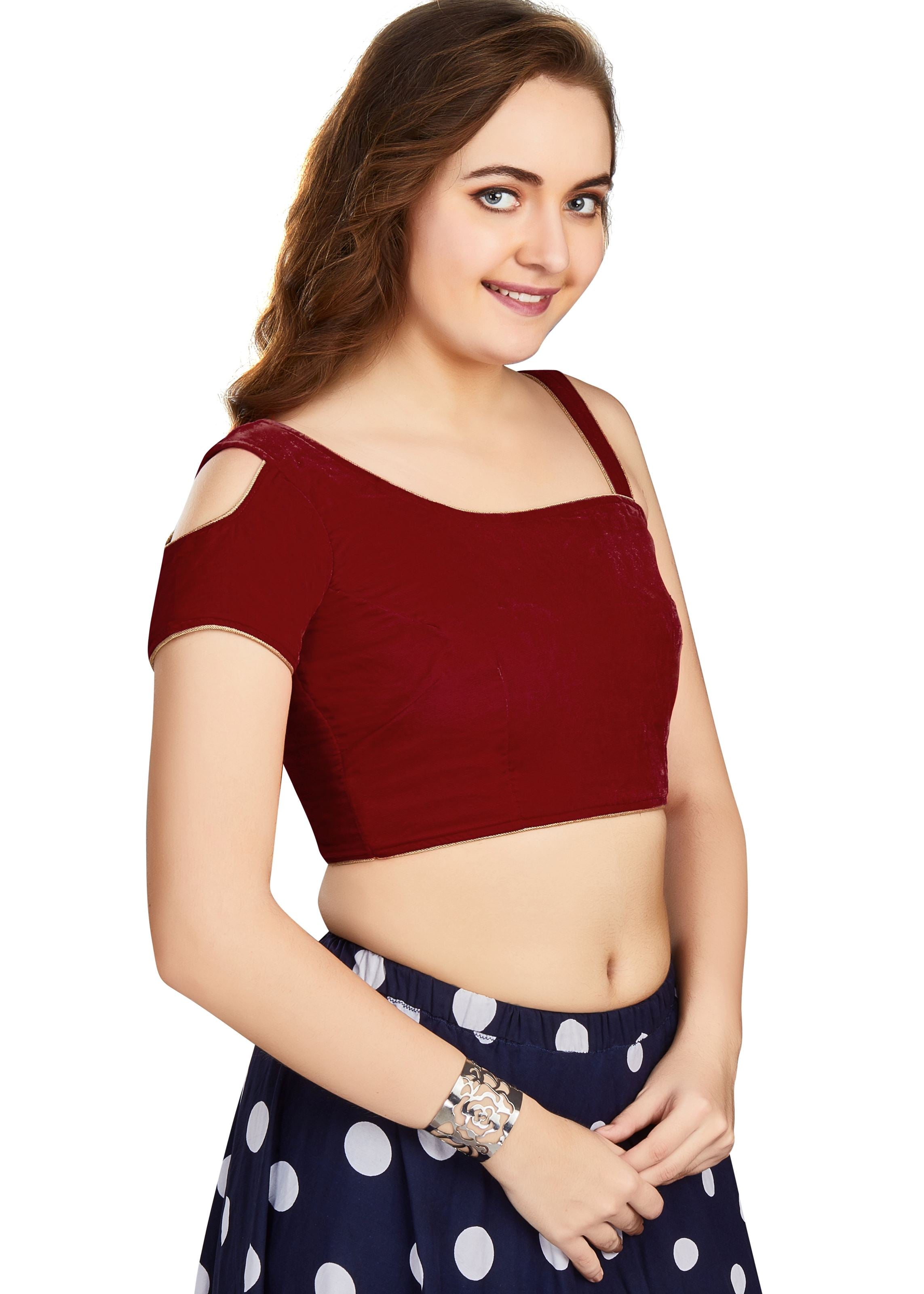 Maroon Velvet Boat Neck Plain Blouse