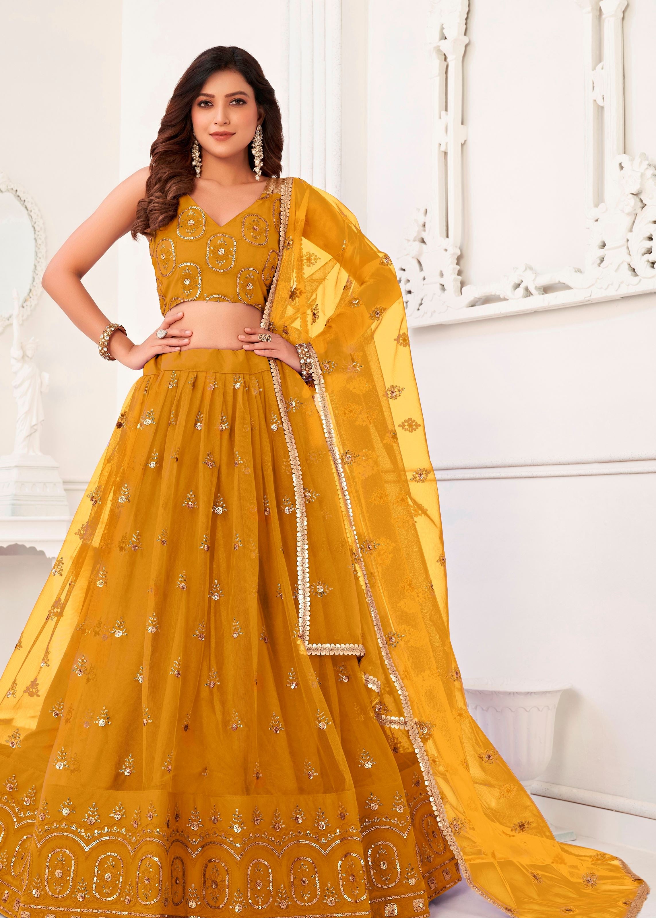 Mustard Butterfly Net Lehenga Choli With Thread And Zari Sandwich Sequence Embroidery Work