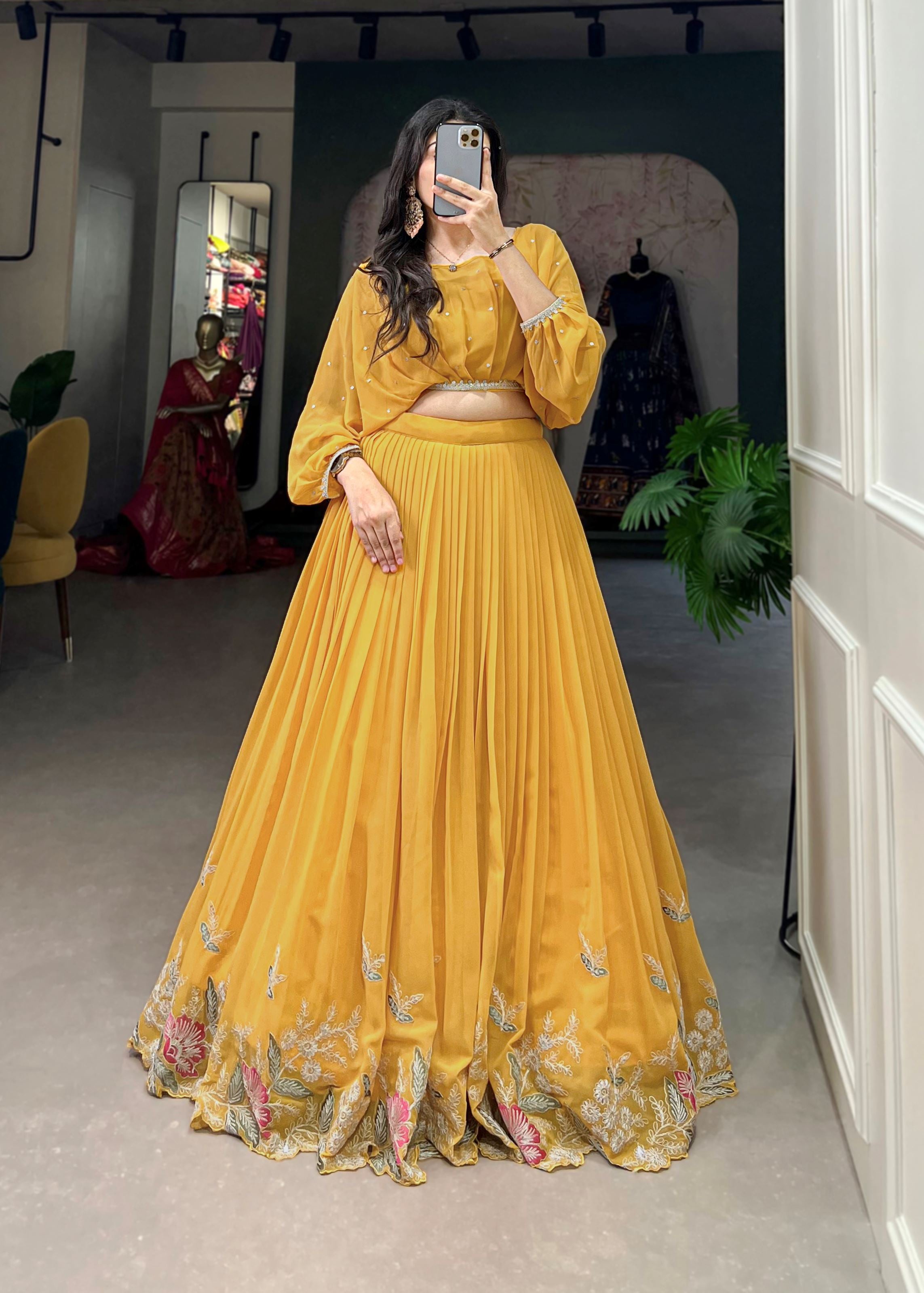 Mustard Georgette Lehenga with Sequin and Thread Detailing Light Elegant