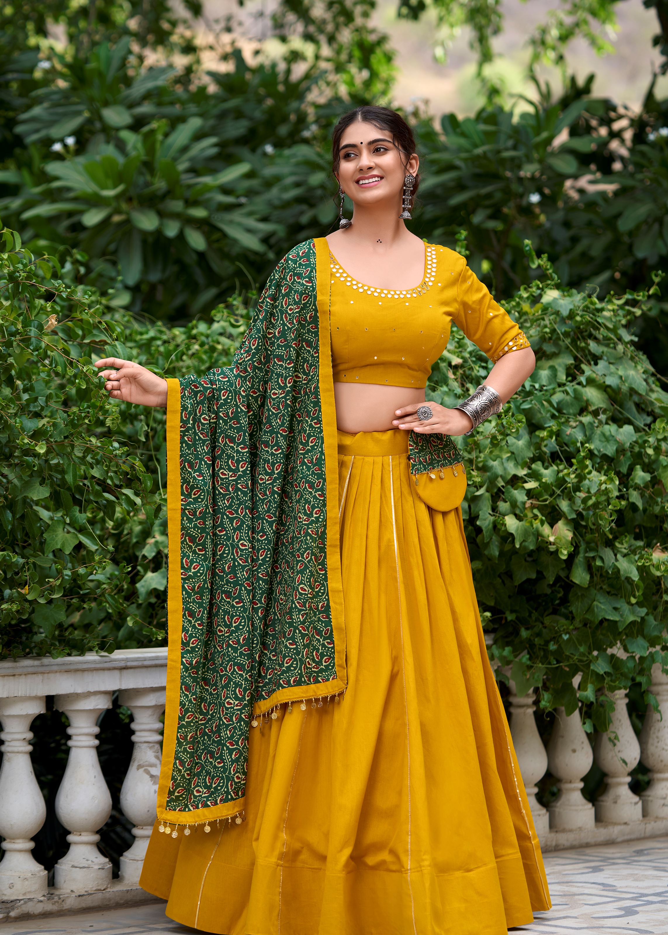 Mustard Pure Cotton Plain Lehenga Choli Accented with Subtle Gota Patti Elegance