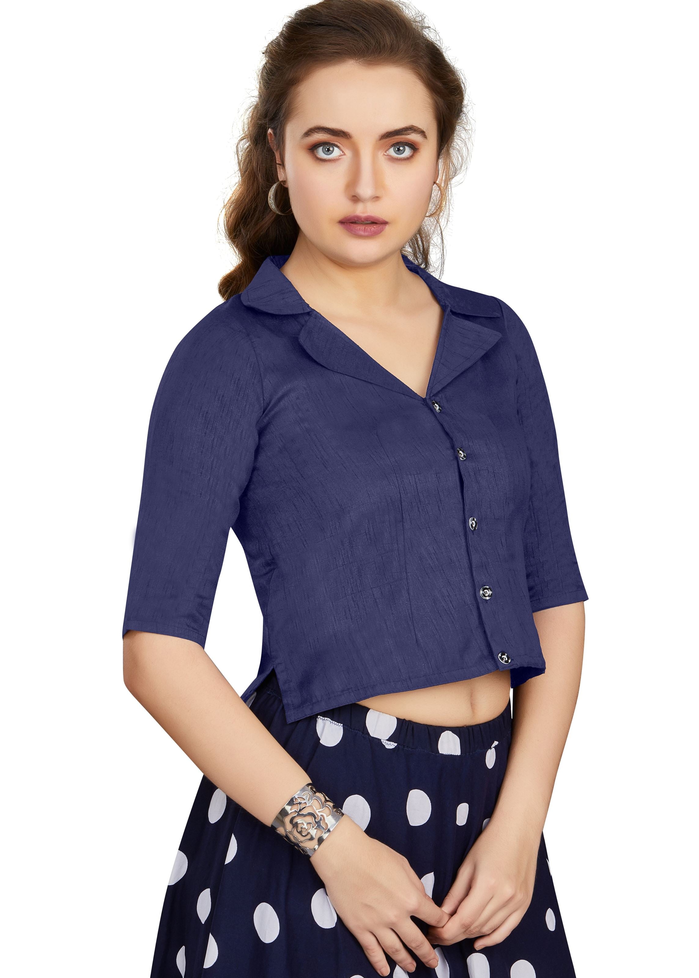 Navy Blue Art Silk Collar Neck Plain Blouse