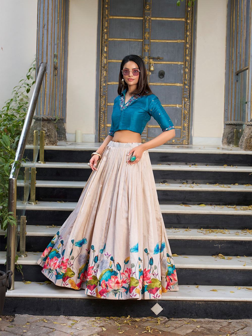 Off White Tussar Silk Lehenga with Delicate Floral Prints Ethnic Elegant