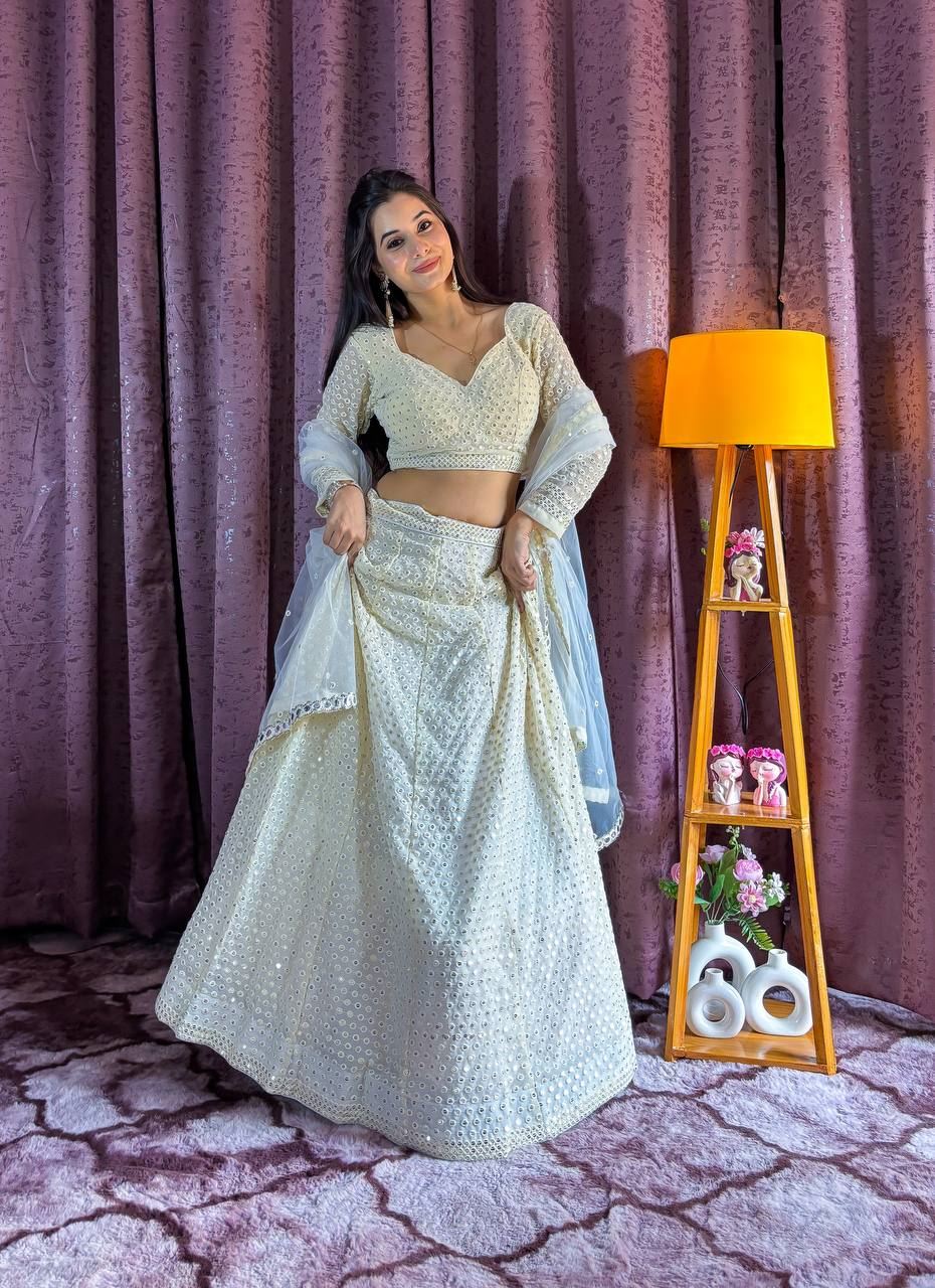 Offwhite Lehenga Choli With Sequins Thread Work