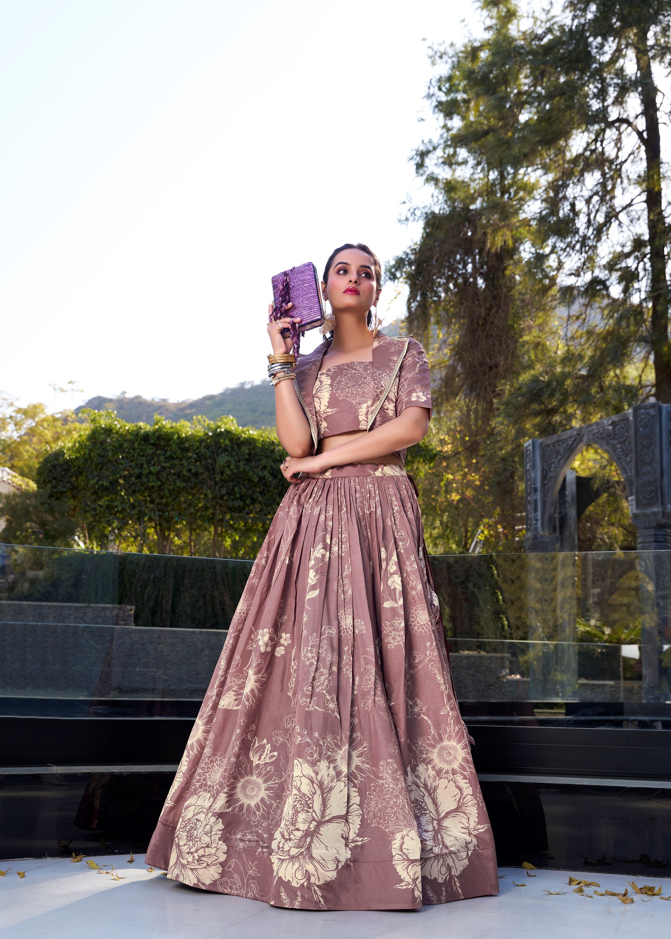 Onion Grace in Bloom Tussar Silk Floral Print Lehenga