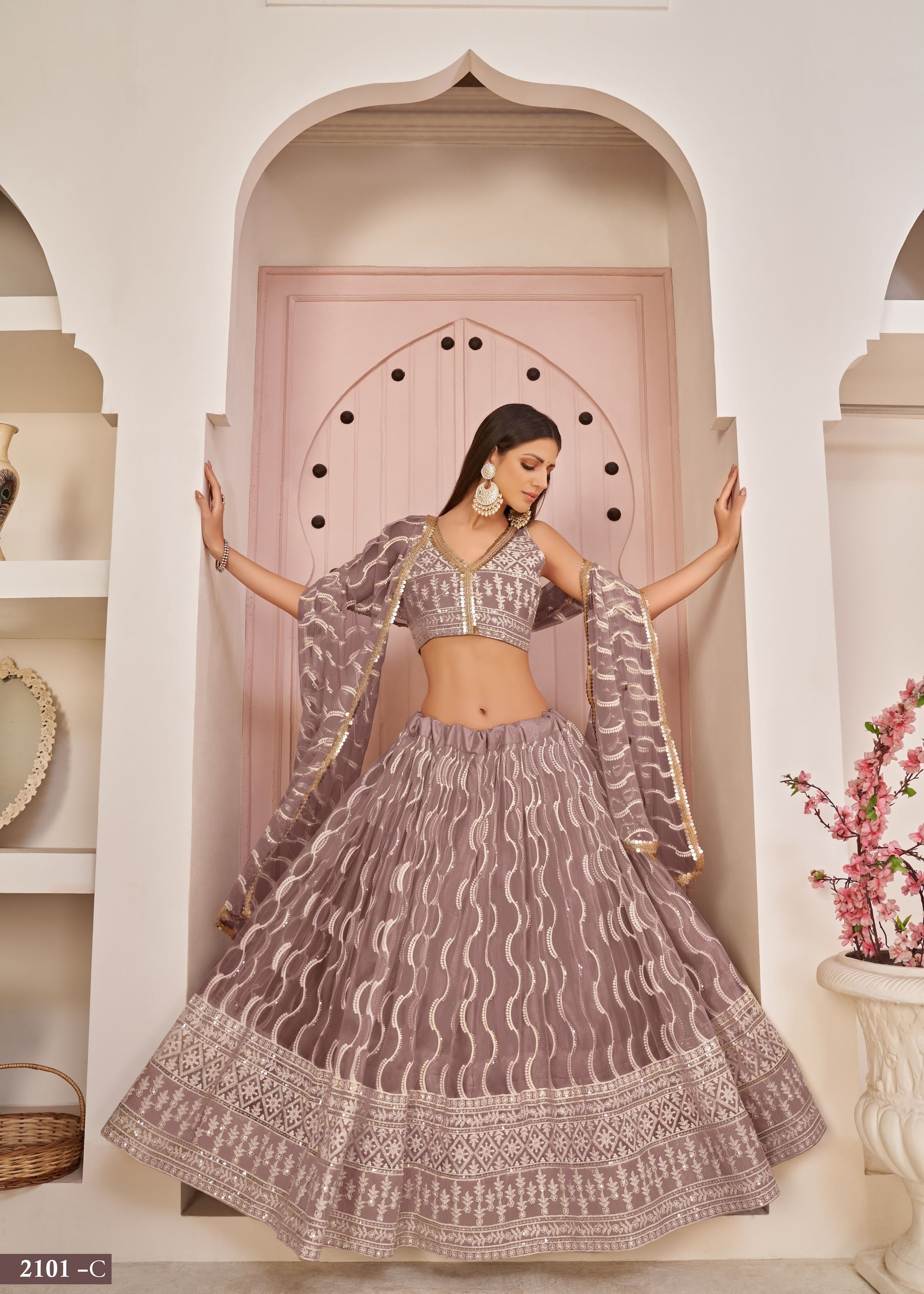 OnionPink Net Lehenga Choli With Thread Embroidery Work