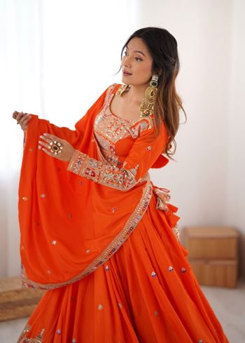 Orange Lehenga Choli With Coding Dori With Thread Sequnce Work